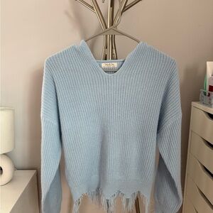 Jolie & Joy Sky Blue V-Neck Sweater with Fringed Hem